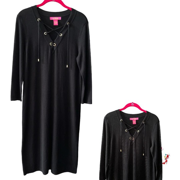 Sweater Dress Black Classy Gold Lace Up Tie front Upscale Catherine Malandrino - Picture 5 of 6